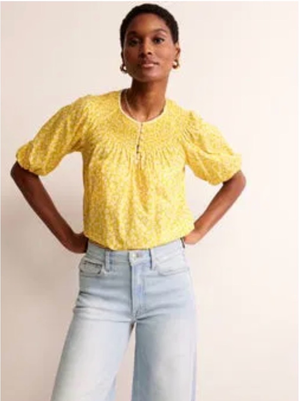Boden Yellow Puff-Sleeve Smocked Yoke Blouse